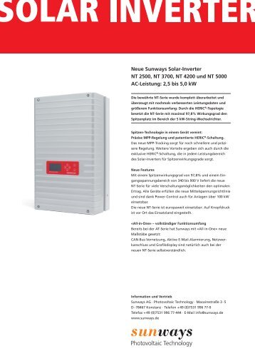 Neue Sunways Solar-Inverter NT 2500, NT 3700, NT 4200 und NT ...