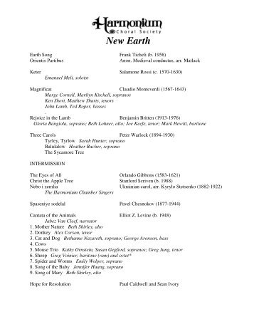New Earth – Program Notes - Harmonium Choral Society