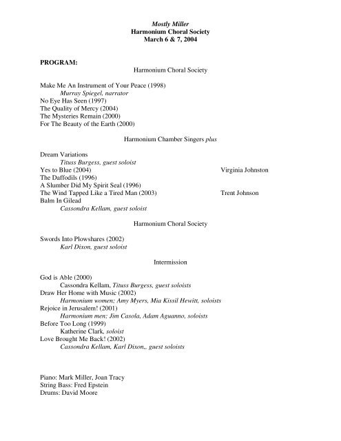 Mostly Miller Harmonium Choral Society March 6 & 7, 2004 ...