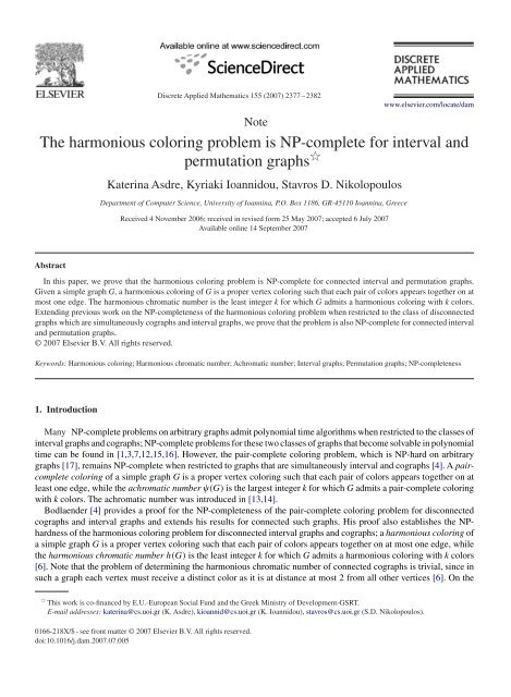 The harmonious coloring problem is NP-complete for interval and ...