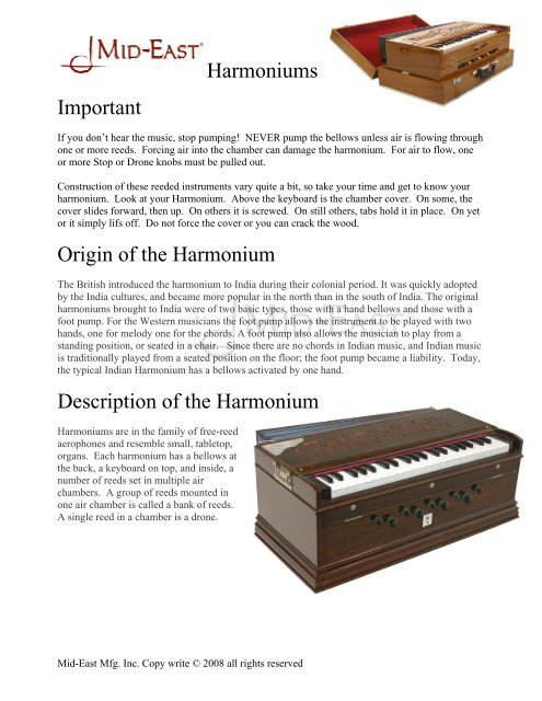Harmoniums Important Origin of the Harmonium ... - Mid-East Mfg