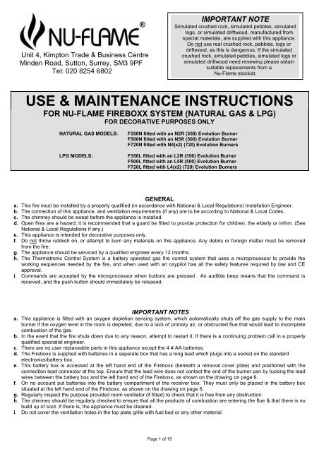 Use & maintenance instructions - Nu-Flame