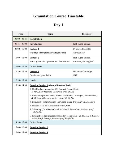 Granulation Course Timetable Day 1 - University of Sheffield