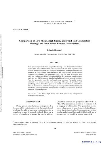Comparison of Low Shear, High Shear, and Fluid Bed Granulation ...