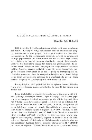 KİŞİLİĞİN OLUŞMASINDAKİ KÜLTÜREL ETMENLER Doç. Dr. Zafer ...