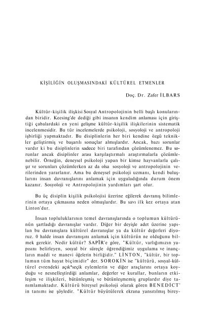 KİŞİLİĞİN OLUŞMASINDAKİ KÜLTÜREL ETMENLER Doç. Dr. Zafer ...