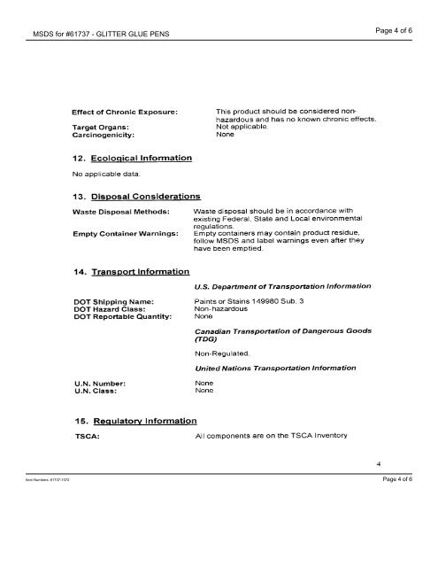 MSDS for #61737 - GLITTER GLUE PENS - Dick Blick