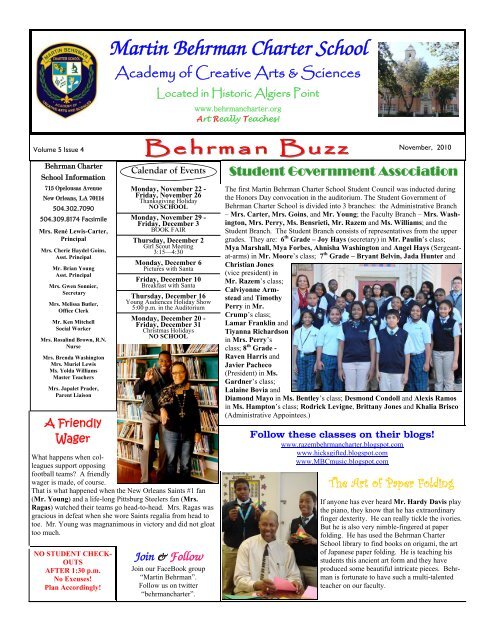 Buzz Nov 2010 - Martin Behrman Charter School Academy of ...