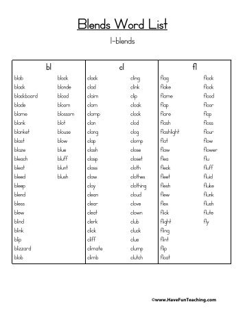 L Blends Word List - Have Fun Teaching