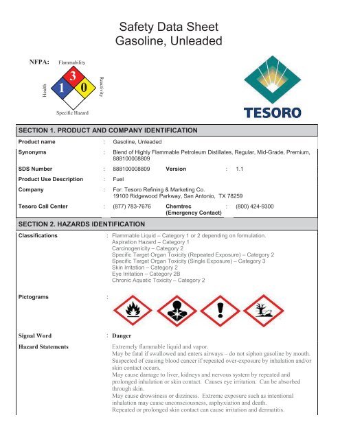 Safety Data Sheet Gasoline, Unleaded