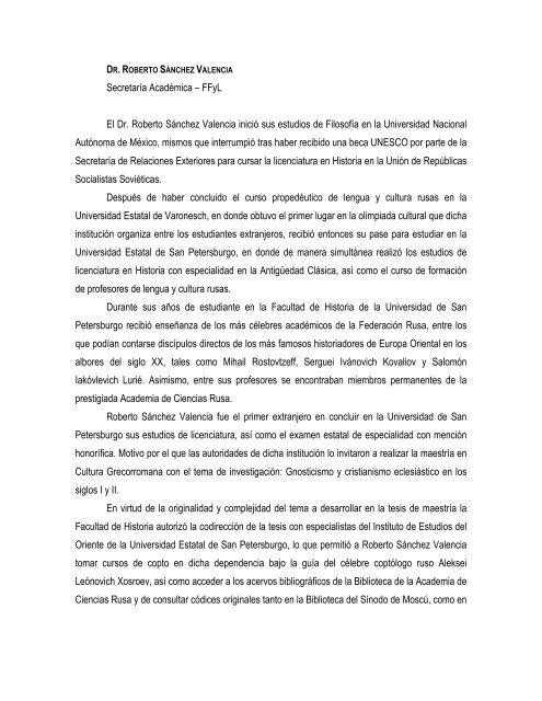 Secretaría Académica FFyL El Dr. Roberto Sánchez Valencia