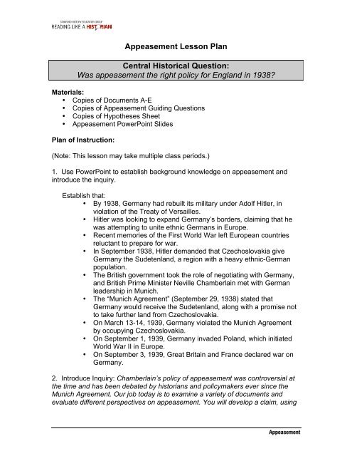 Appeasement Lesson Plan Central Historical Question Mr Floyd