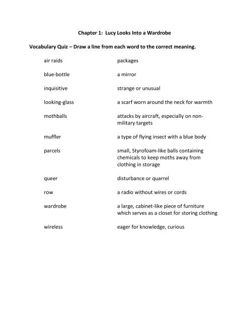 Chapter 1 Lucy Looks Into A Wardrobe Vocabulary Quiz Draw A