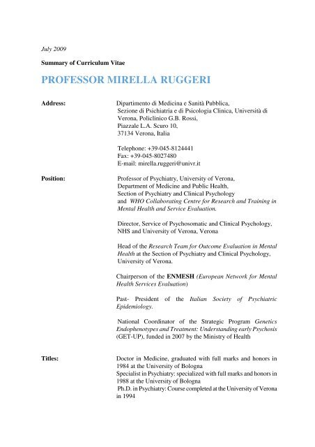 PROFESSOR MIRELLA RUGGERI - psychiatry.univr.it - Section of ...