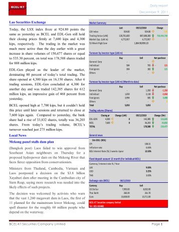 Lao Securities Exchange Today, the LSX index froze at ... - BCEL-KT