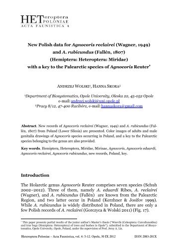 New Polish data for Agnocoris reclairei (Wagner, 1949) and A ...