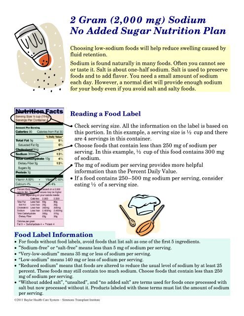 2 Gram 2 000 Mg Sodium Nutrition Plan Baylor Health Care System