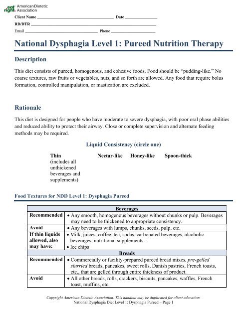National Dysphagia Level 1: Pureed Nutrition Therapy Description