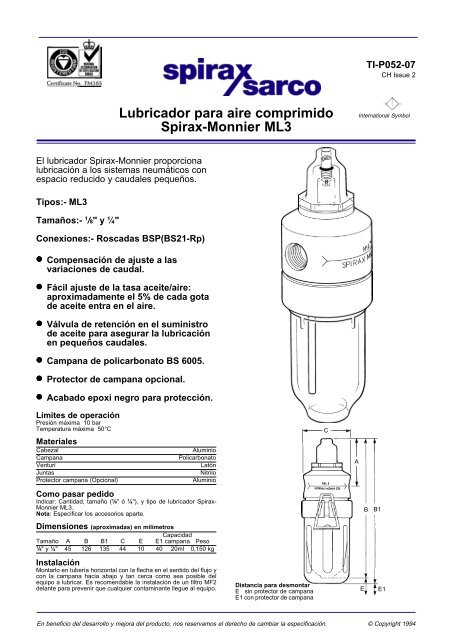 Lubricador para aire comprimido Spirax-Monnier ML3 - Spirax Sarco