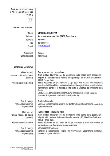 Nome MIRISOLA CONCETTA A 00153,ROMA,ITALIA ... - Inmp