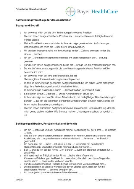 Formulierungsvorschläge für das Anschreiben Bezug- und Betreff o ...