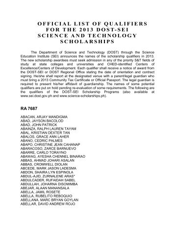 official list of qualifiers for the 2013 dost-sei ... - S&T Scholarships