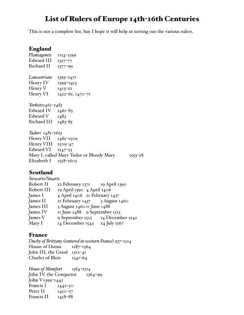 List of Rulers of Europe 14th-17th Centuries - OLLI at Illinois