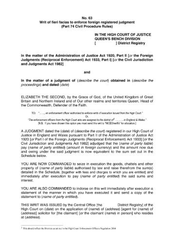 No. 63 Writ of fieri facias to enforce foreign registered judgment (Part ...