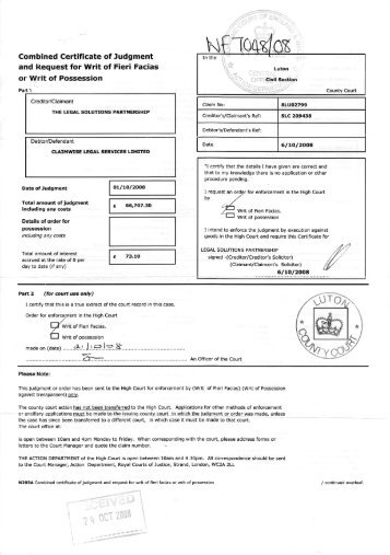 Combined Certificate of Judgment and Request for Writ of Fieri ...