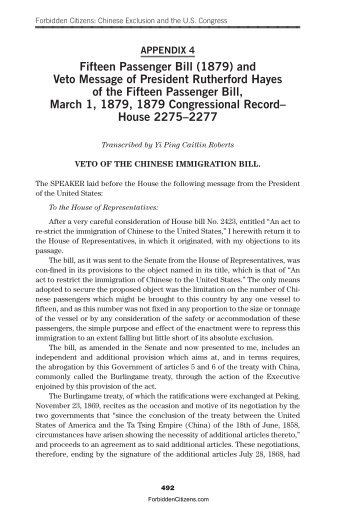 Fifteen Passenger Bill (1879) and Veto Message of ... - Hobnob Blog