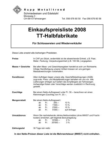 Einkaufspreisliste 2008 TT-Halbfabrikate - Rupp Metalltrend AG