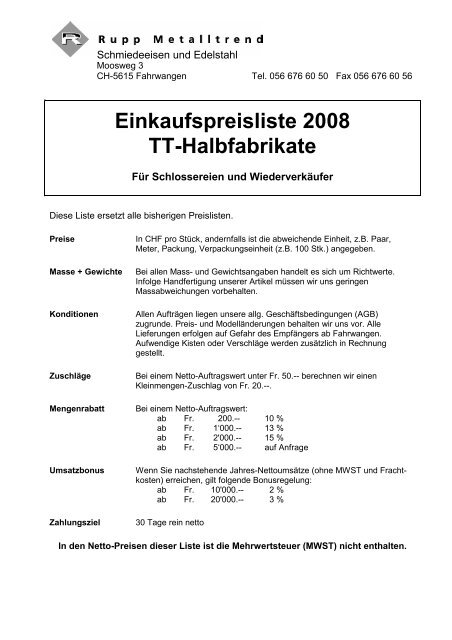 Einkaufspreisliste 2008 TT-Halbfabrikate - Rupp Metalltrend AG