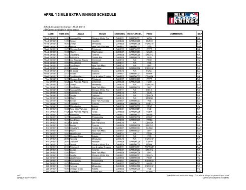 APRIL '13 MLB EXTRA INNINGS SCHEDULE