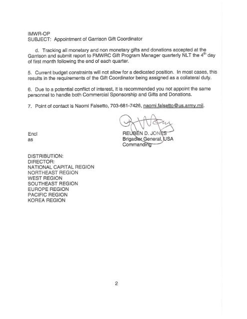 Appointment of Garrison Gift Coordinator Memo - ArmyMWR.org