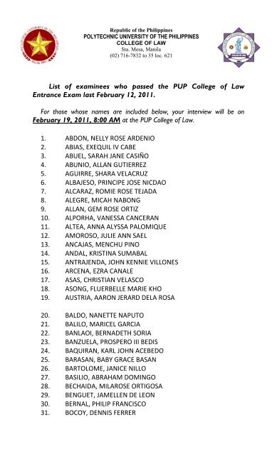 List of examinees who passed the PUP College of Law Entrance ...