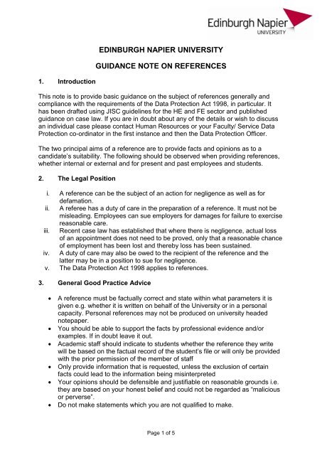 Guidance on Providing References. - Edinburgh Napier University