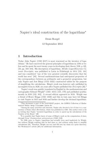 Napier's ideal construction of the logarithms - The LORIA ...
