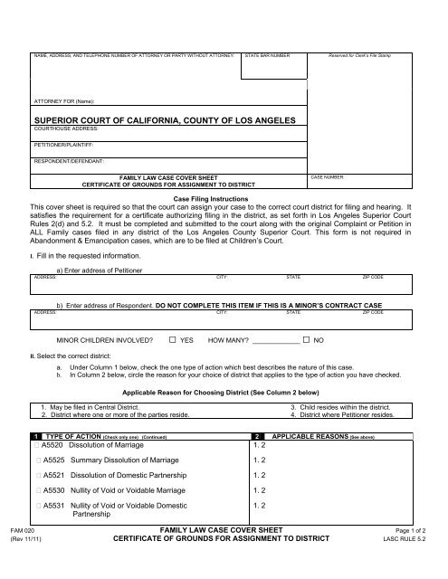 Family Law Case Cover Sheet-Certificate of Grounds