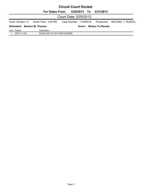 Circuit Court Docket Circuit Court Docket Court Date: 3/25/2013