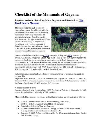 Checklist of the Mammals of Guyana - Department of Botany ...