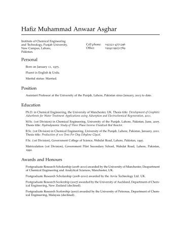 CV of Dr. Hafiz M. Anwaar Asghar - University of the Punjab