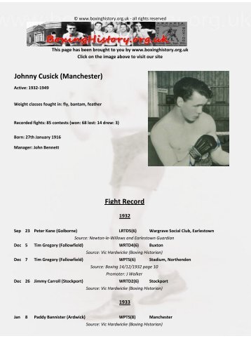 Fight Record Johnny Cusick (Manchester) - Boxinghistory.org.uk