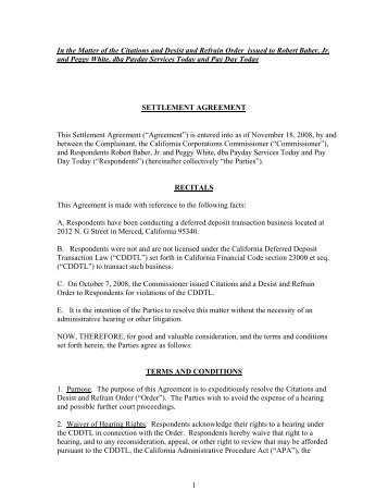 California Department of Corporations-Settlement Agreement