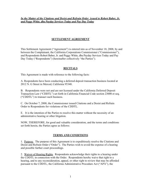 California Department of Corporations-Settlement Agreement