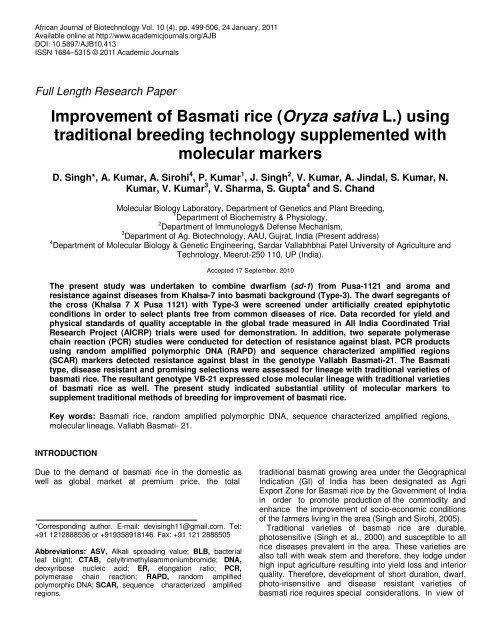 Improvement of Basmati rice - Academic Journals