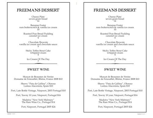 dessert menu - Freemans