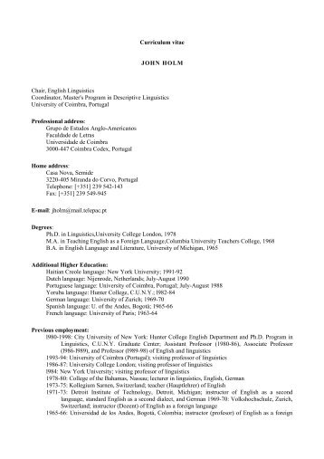 Curriculum vitae JOHN HOLM Chair, English Linguistics ...