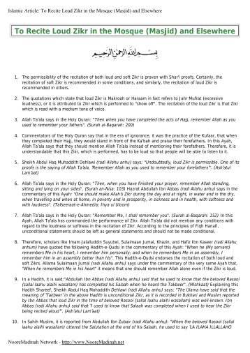To Recite Loud Zikr in the Mosque (Masjid) and Elsewhere