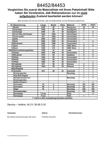 Vergleichen Sie zuerst die Materialliste mit Ihrem ... - holzsauna.ch