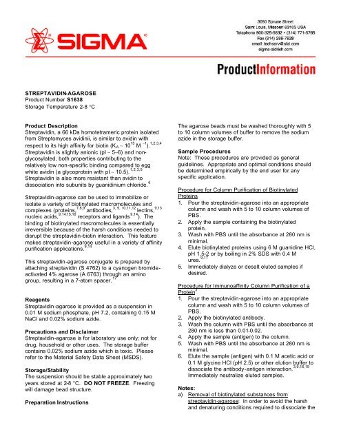 STREPTAVIDIN-AGAROSE Product Number S1638 ... - Sigma-Aldrich